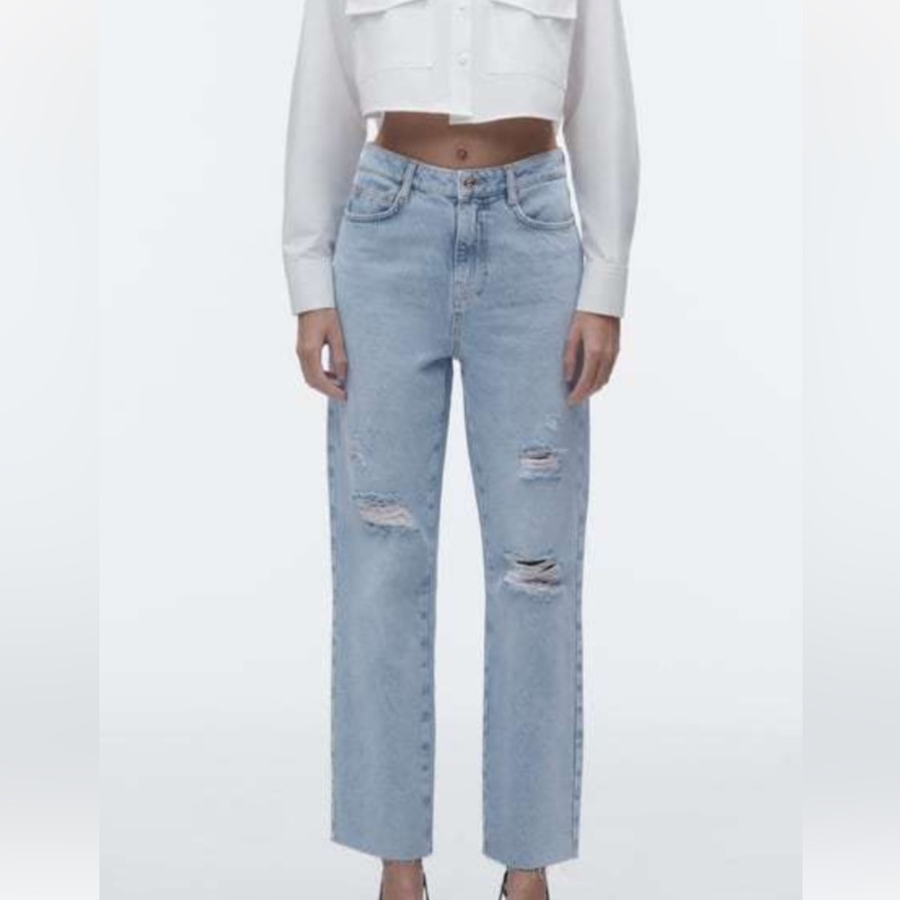 Zara High Rise Straight Leg Ripped Denim Jeans Ladies Size 6 - Picture 1 of 6